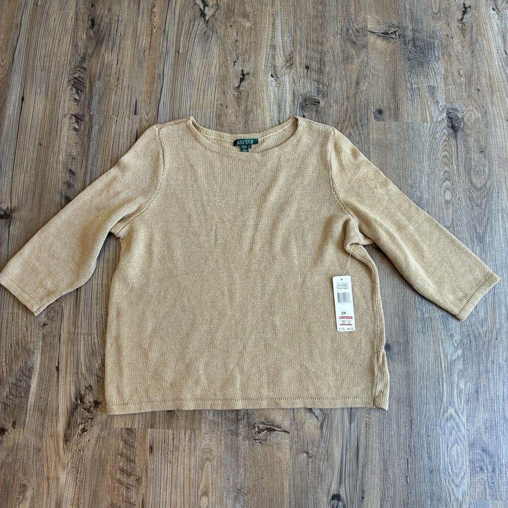 Lauren Ralph Lauren Women’s 2XL Beige Cotton Knit 3/4 Sleeve Mesh Sweater